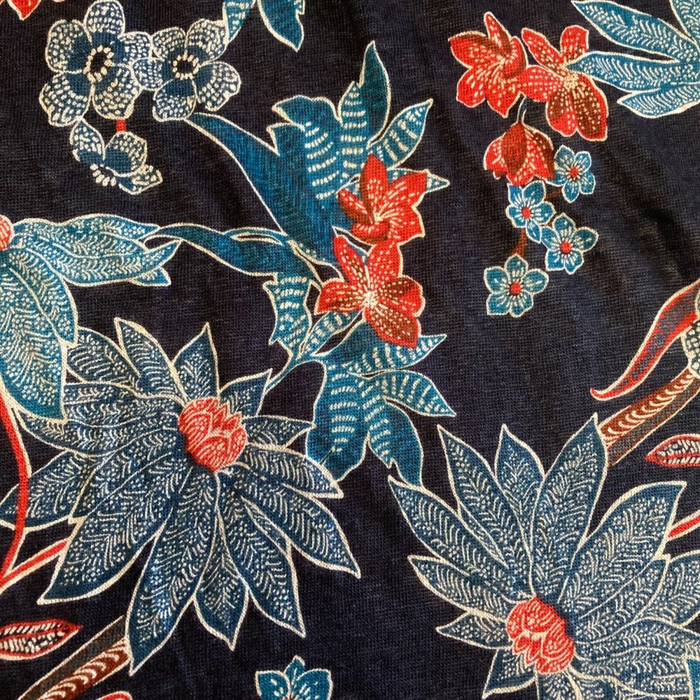 J Jill Sarasa Ruffled Tropical Ruffled Top 100% Linen Elastic Shoulder Navy Blue - Picture 5 of 8